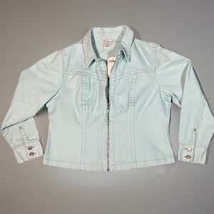 Cabi Light Aqua Blue Denim Zip Front Cropped Jacket Womens Size XL Cotton NWT